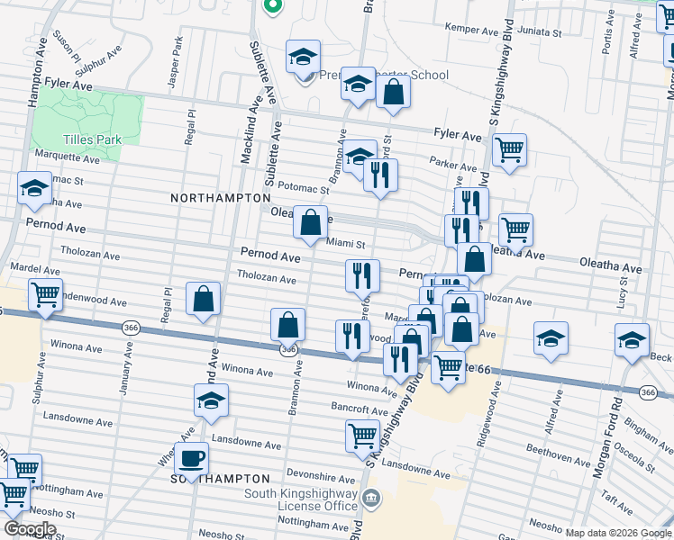 map of restaurants, bars, coffee shops, grocery stores, and more near 5044 Pernod Avenue in St. Louis