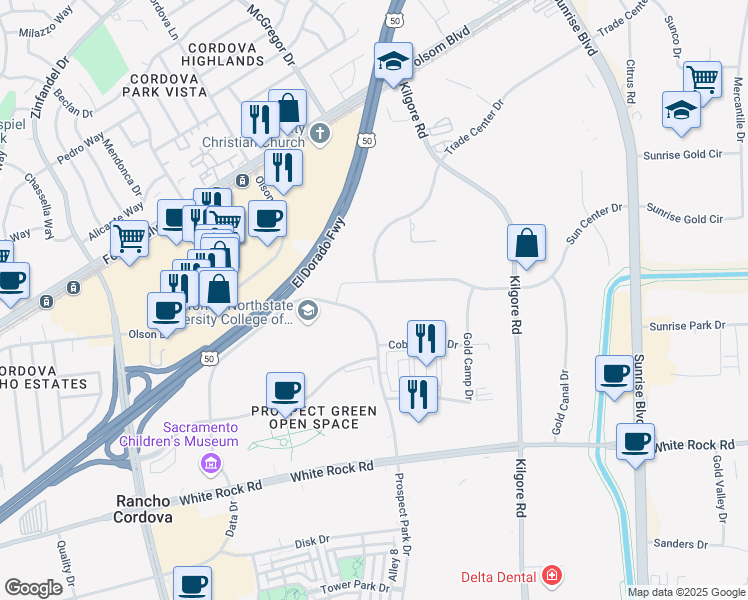 map of restaurants, bars, coffee shops, grocery stores, and more near 11000-11020 Sun Center Drive in Rancho Cordova