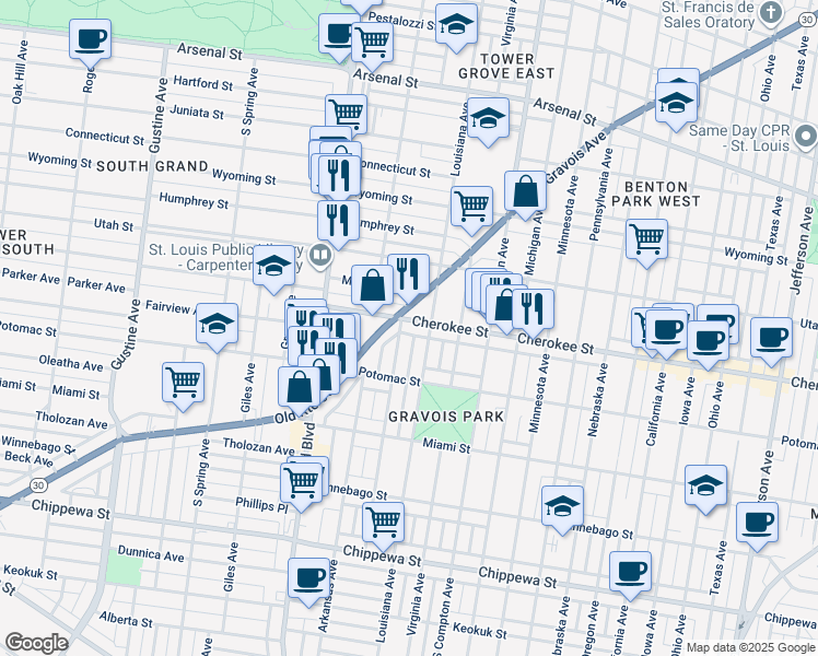 map of restaurants, bars, coffee shops, grocery stores, and more near 3418 Cherokee Street in St. Louis
