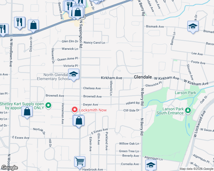 map of restaurants, bars, coffee shops, grocery stores, and more near 1077 Chelsea Avenue in St. Louis