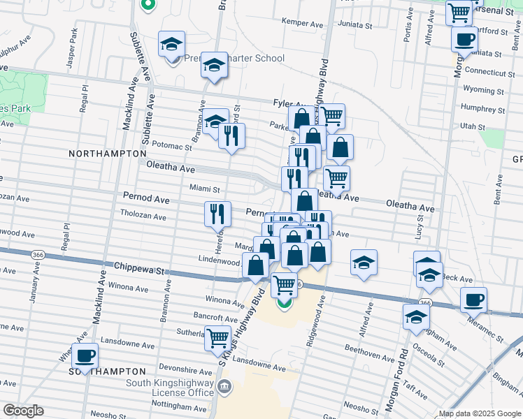 map of restaurants, bars, coffee shops, grocery stores, and more near 4937 Pernod Avenue in St. Louis