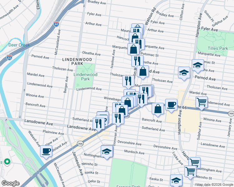 map of restaurants, bars, coffee shops, grocery stores, and more near 6546 Lindenwood Place in St. Louis