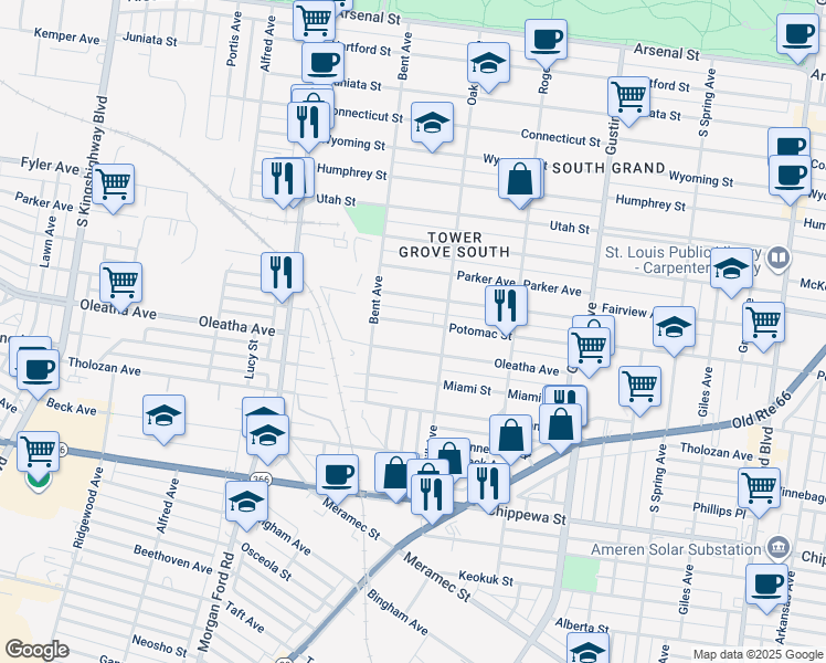 map of restaurants, bars, coffee shops, grocery stores, and more near 4140 Potomac Street in St. Louis