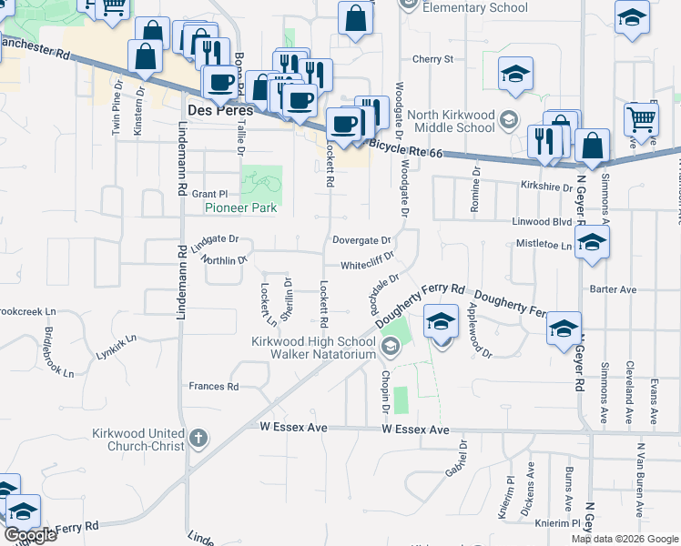 map of restaurants, bars, coffee shops, grocery stores, and more near in Kirkwood