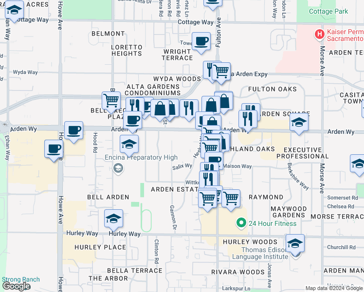 map of restaurants, bars, coffee shops, grocery stores, and more near 2424 Arden Way in Sacramento