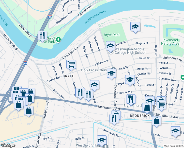 map of restaurants, bars, coffee shops, grocery stores, and more near 1429 May Street in West Sacramento