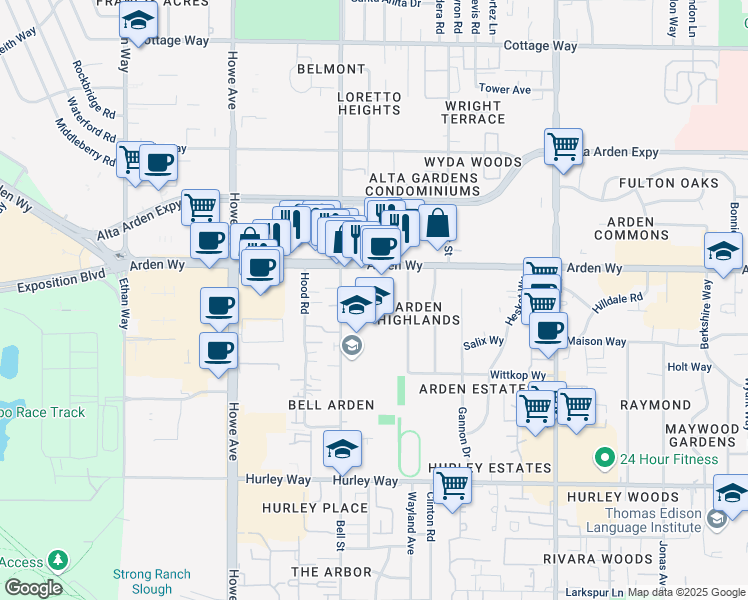map of restaurants, bars, coffee shops, grocery stores, and more near 1620 Bell Street in Sacramento