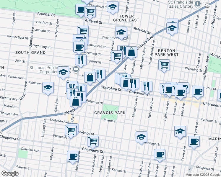 map of restaurants, bars, coffee shops, grocery stores, and more near 3311 Cherokee Street in St. Louis
