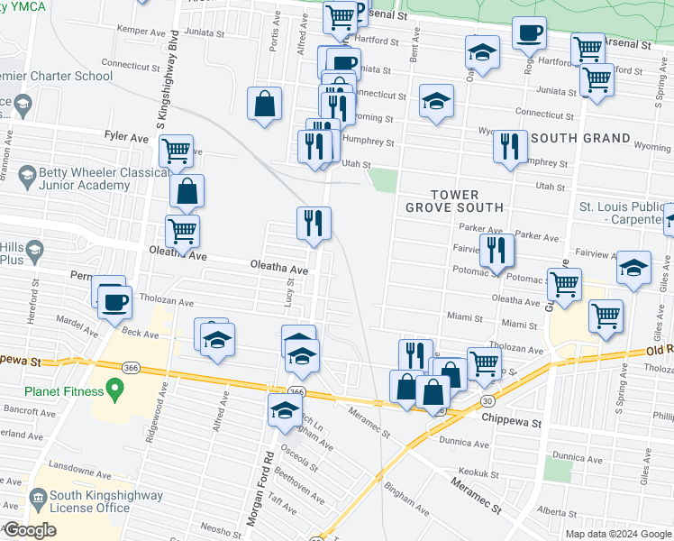 map of restaurants, bars, coffee shops, grocery stores, and more near 4253 Oleatha Avenue in St. Louis