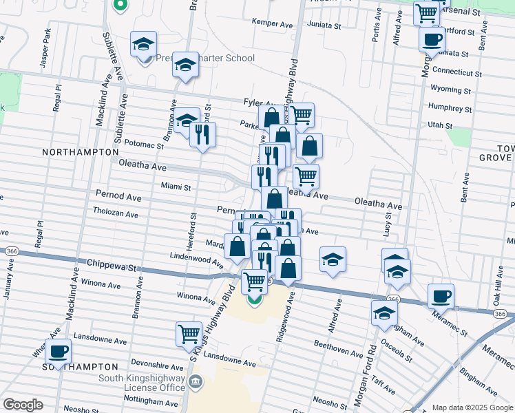 map of restaurants, bars, coffee shops, grocery stores, and more near 3531 South Kingshighway Boulevard in St. Louis