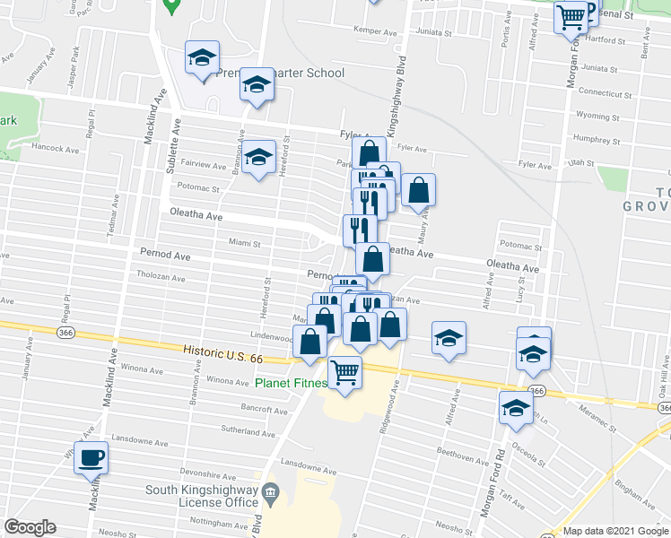 map of restaurants, bars, coffee shops, grocery stores, and more near 3531 Lawn Avenue in St. Louis