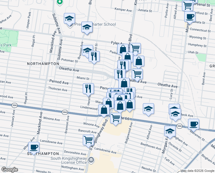 map of restaurants, bars, coffee shops, grocery stores, and more near 3531 Lawn Avenue in St. Louis