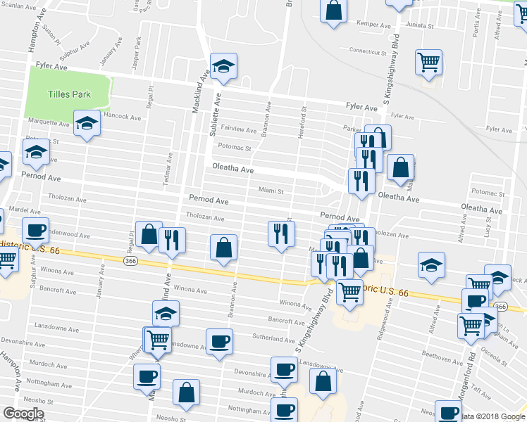 map of restaurants, bars, coffee shops, grocery stores, and more near 5044 Pernod Avenue in St. Louis