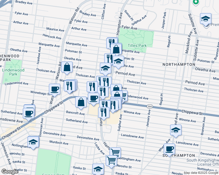 map of restaurants, bars, coffee shops, grocery stores, and more near 3801 Hampton Avenue in St. Louis