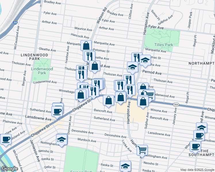 map of restaurants, bars, coffee shops, grocery stores, and more near 6301 Lindenwood Court in St. Louis