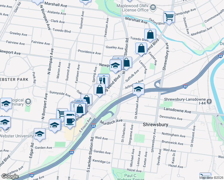map of restaurants, bars, coffee shops, grocery stores, and more near 7864 Big Bend Boulevard in Webster Groves