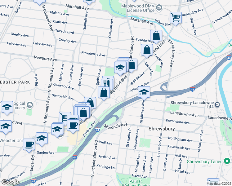 map of restaurants, bars, coffee shops, grocery stores, and more near 7864 Big Bend Boulevard in Webster Groves