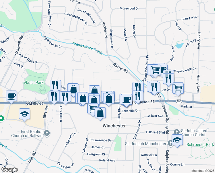 map of restaurants, bars, coffee shops, grocery stores, and more near 112 Maple Lane in Ballwin