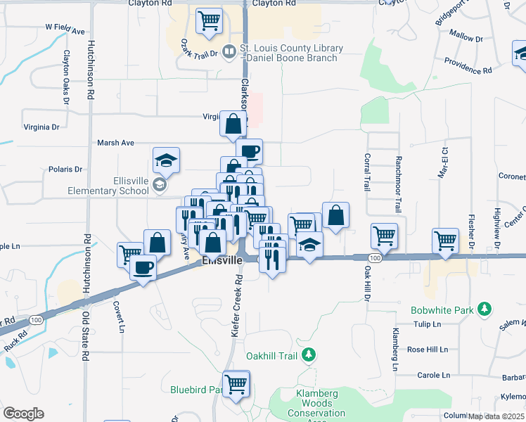 map of restaurants, bars, coffee shops, grocery stores, and more near 1203 Clarkson Court in Ellisville