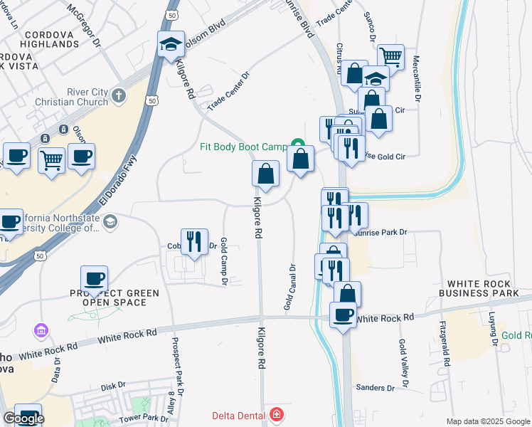 map of restaurants, bars, coffee shops, grocery stores, and more near 11120 Sun Center Drive in Rancho Cordova