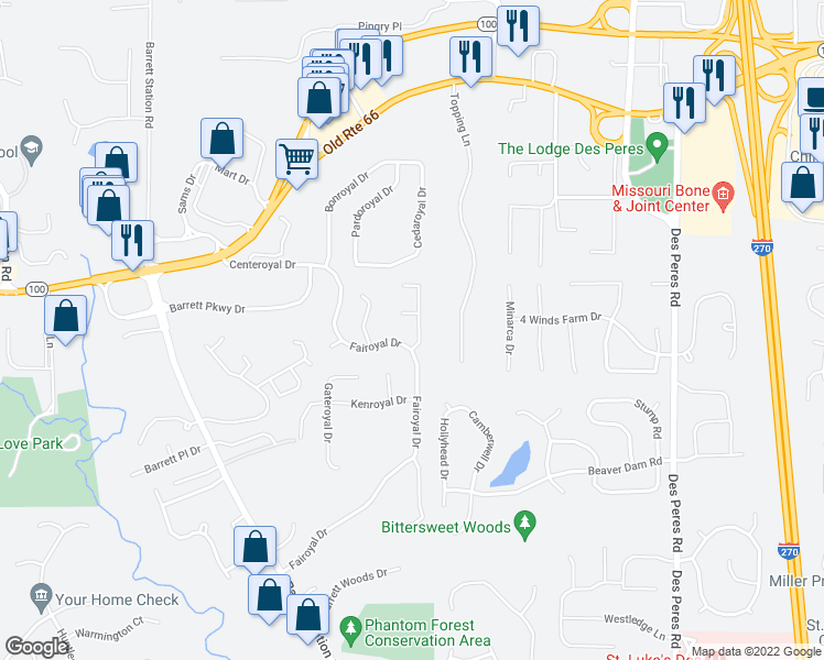 map of restaurants, bars, coffee shops, grocery stores, and more near 2249 Dunroyal Drive in Des Peres