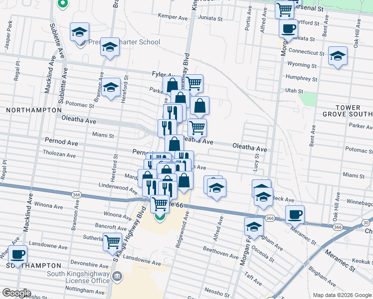 map of restaurants, bars, coffee shops, grocery stores, and more near 4821 Miami Street in St. Louis