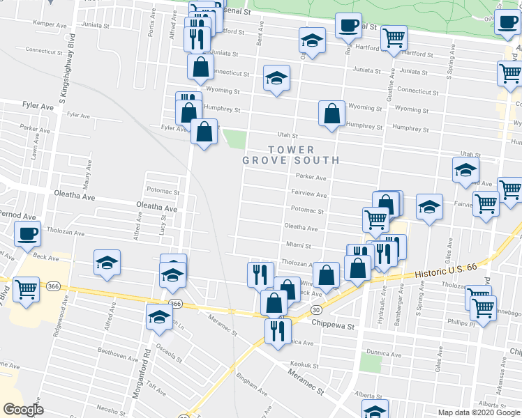 map of restaurants, bars, coffee shops, grocery stores, and more near 4140 Potomac Street in St. Louis