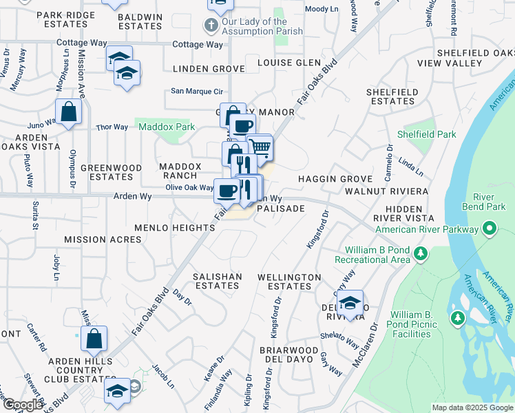 map of restaurants, bars, coffee shops, grocery stores, and more near 5156 Garfield Place in Carmichael