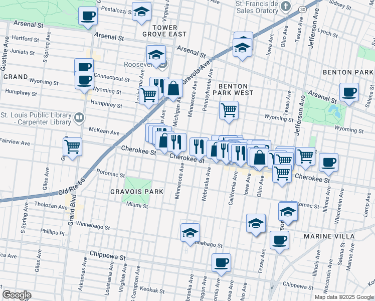 map of restaurants, bars, coffee shops, grocery stores, and more near 3344 Minnesota Avenue in St. Louis