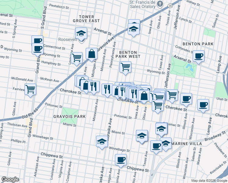 map of restaurants, bars, coffee shops, grocery stores, and more near 3331 Nebraska Avenue in St. Louis