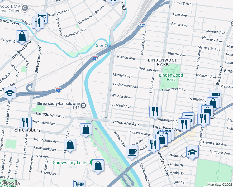map of restaurants, bars, coffee shops, grocery stores, and more near 7071 Winona Avenue in St. Louis