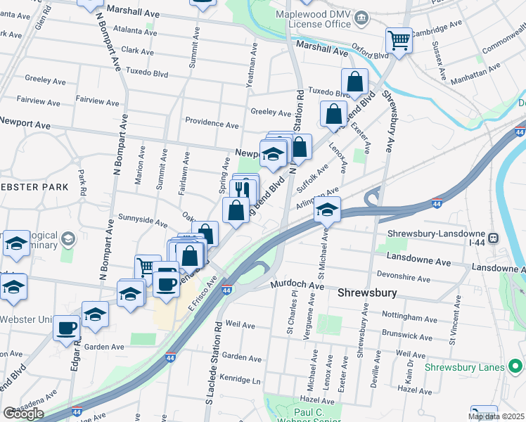 map of restaurants, bars, coffee shops, grocery stores, and more near 7864 Big Bend Boulevard in Webster Groves