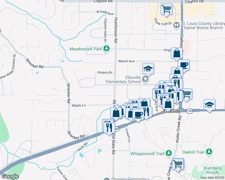 map of restaurants, bars, coffee shops, grocery stores, and more near 84 Hutchinson Road in Ellisville