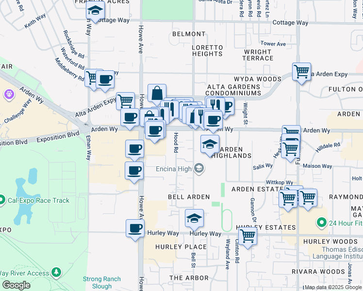 map of restaurants, bars, coffee shops, grocery stores, and more near 1625 Bell Street in Sacramento