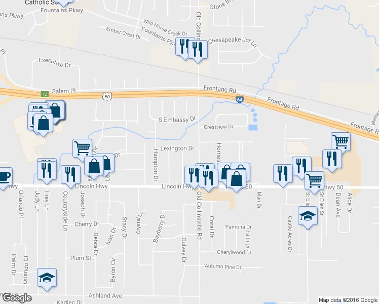 map of restaurants, bars, coffee shops, grocery stores, and more near 304 Lexington Drive in Fairview Heights