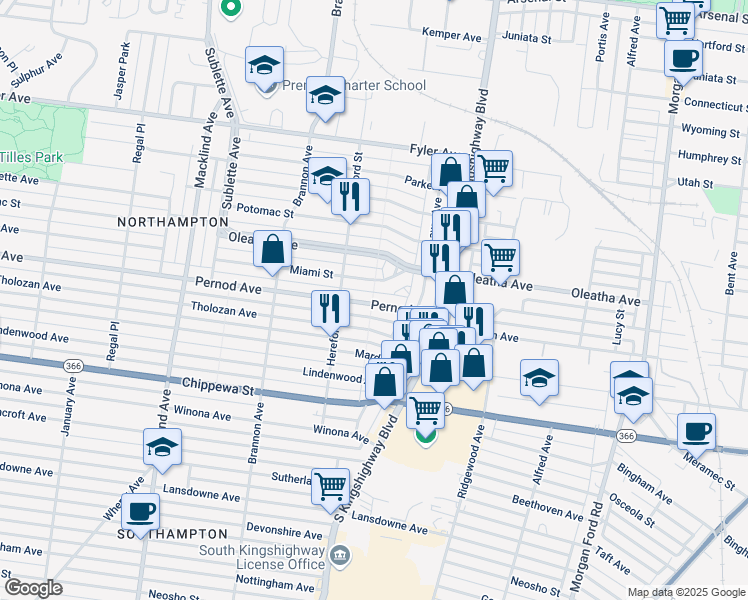 map of restaurants, bars, coffee shops, grocery stores, and more near 4963 Pernod Avenue in St. Louis