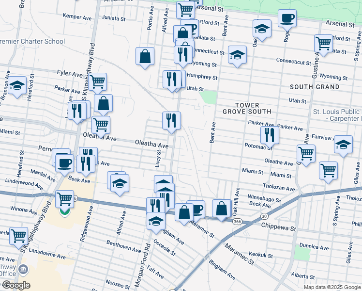 map of restaurants, bars, coffee shops, grocery stores, and more near 3476 Morgan Ford Road in St. Louis