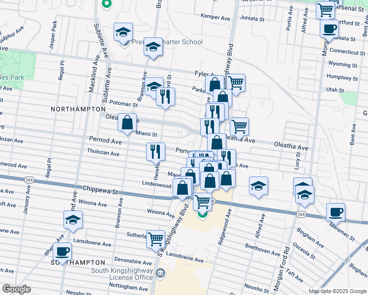 map of restaurants, bars, coffee shops, grocery stores, and more near 4963 Pernod Avenue in St. Louis