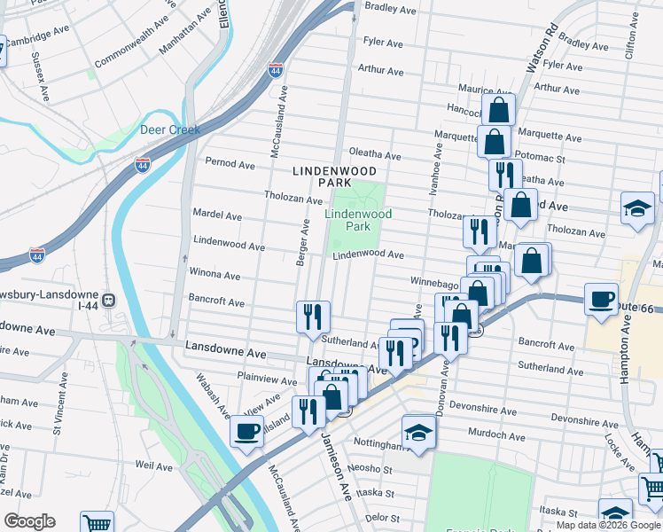 map of restaurants, bars, coffee shops, grocery stores, and more near 3908-3910 Jamieson Avenue in St. Louis