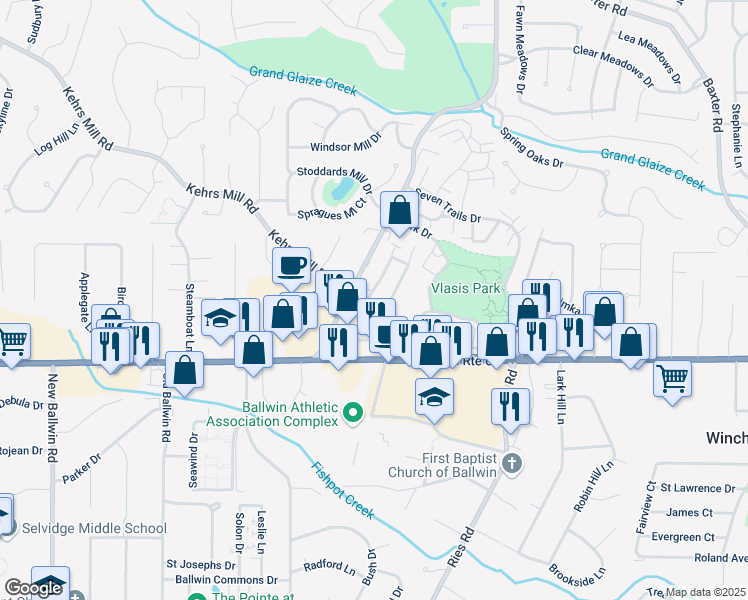 map of restaurants, bars, coffee shops, grocery stores, and more near 300 Kehrs Mill Bend Court in Ballwin