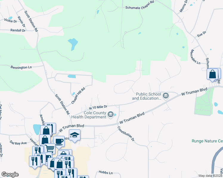 map of restaurants, bars, coffee shops, grocery stores, and more near 246 Madelines Park Circle in Jefferson City