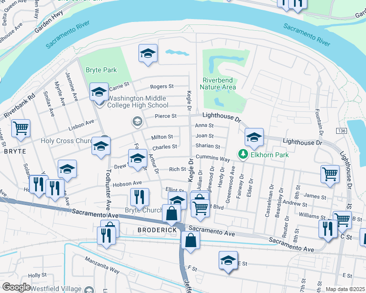 map of restaurants, bars, coffee shops, grocery stores, and more near 1005 Charles Street in West Sacramento