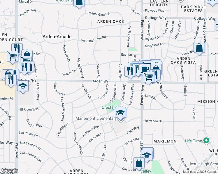 map of restaurants, bars, coffee shops, grocery stores, and more near 4048 Cayente Way in Sacramento