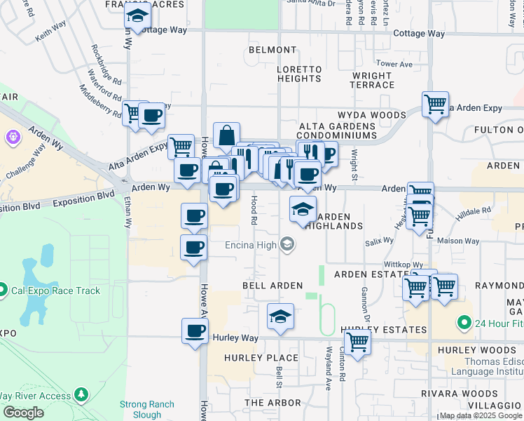 map of restaurants, bars, coffee shops, grocery stores, and more near 1625 Bell Street in Sacramento