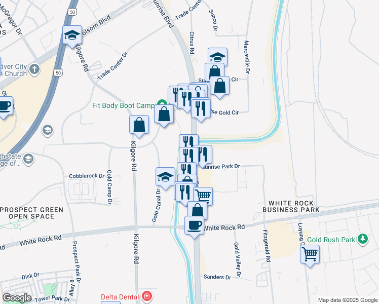 map of restaurants, bars, coffee shops, grocery stores, and more near 2990 Sunrise Blvd in Rancho Cordova