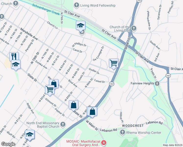 map of restaurants, bars, coffee shops, grocery stores, and more near 1003 Petite Drive in East St. Louis
