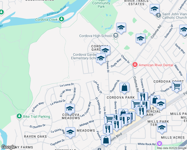 map of restaurants, bars, coffee shops, grocery stores, and more near 2416 Moraine Circle in Rancho Cordova