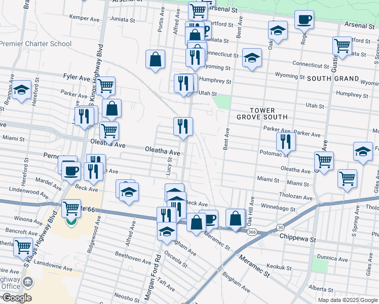 map of restaurants, bars, coffee shops, grocery stores, and more near 3476 Morgan Ford Road in St. Louis