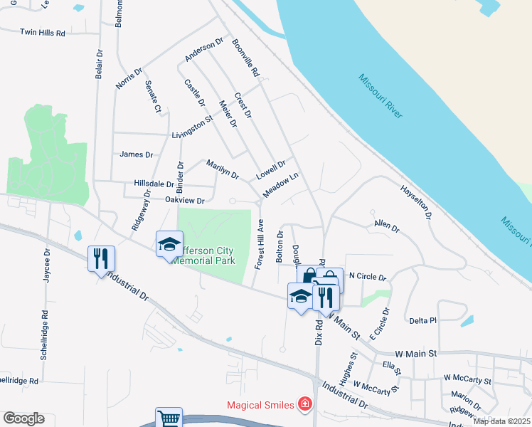 map of restaurants, bars, coffee shops, grocery stores, and more near 144 Forest Hill Avenue in Jefferson City