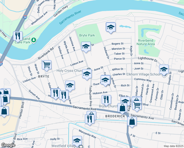 map of restaurants, bars, coffee shops, grocery stores, and more near 701 Todhunter Avenue in West Sacramento